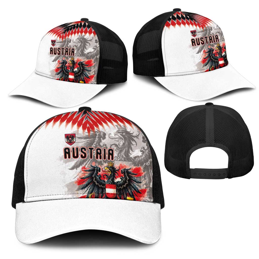 Austria National Football Mesh Trucker Cap Argyle Diamond Pattern with Eagle Watercolor Paint Splash Graphic Art