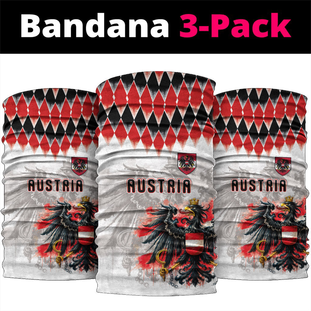 Austria National Football Neck Gaiter Argyle Diamond Pattern with Eagle Watercolor Paint Splash Graphic Art