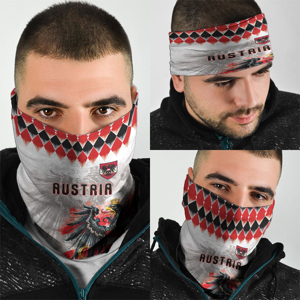 Austria National Football Neck Gaiter Argyle Diamond Pattern with Eagle Watercolor Paint Splash Graphic Art