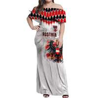 Custom Austria National Football Off Shoulder Maxi Dress Argyle Diamond Pattern with Eagle Watercolor Paint Splash Graphic Art