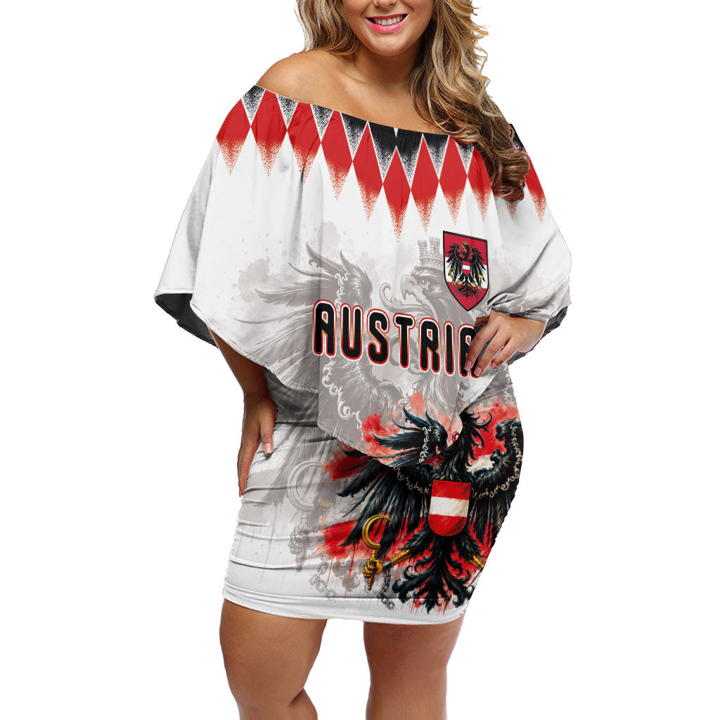 Custom Austria National Football Off Shoulder Short Dress Argyle Diamond Pattern with Eagle Watercolor Paint Splash Graphic Art
