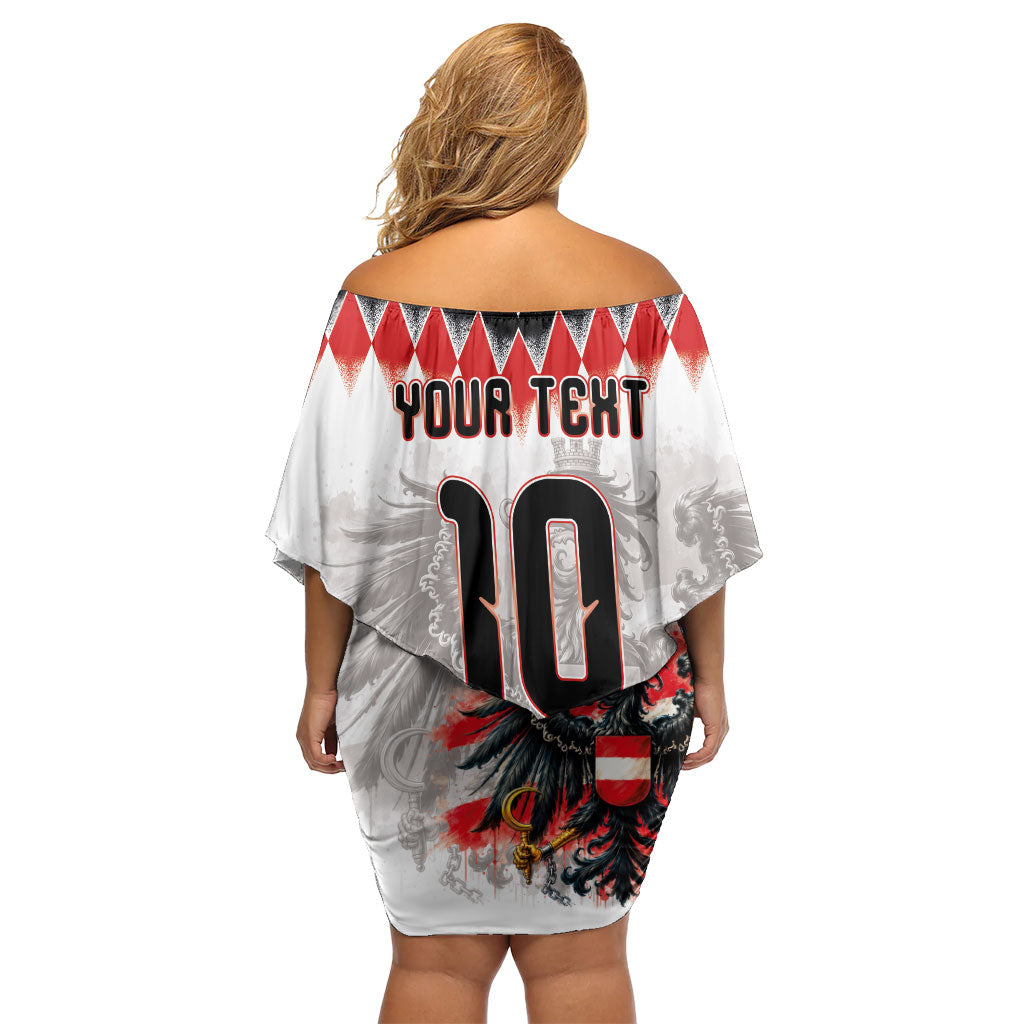 Custom Austria National Football Off Shoulder Short Dress Argyle Diamond Pattern with Eagle Watercolor Paint Splash Graphic Art