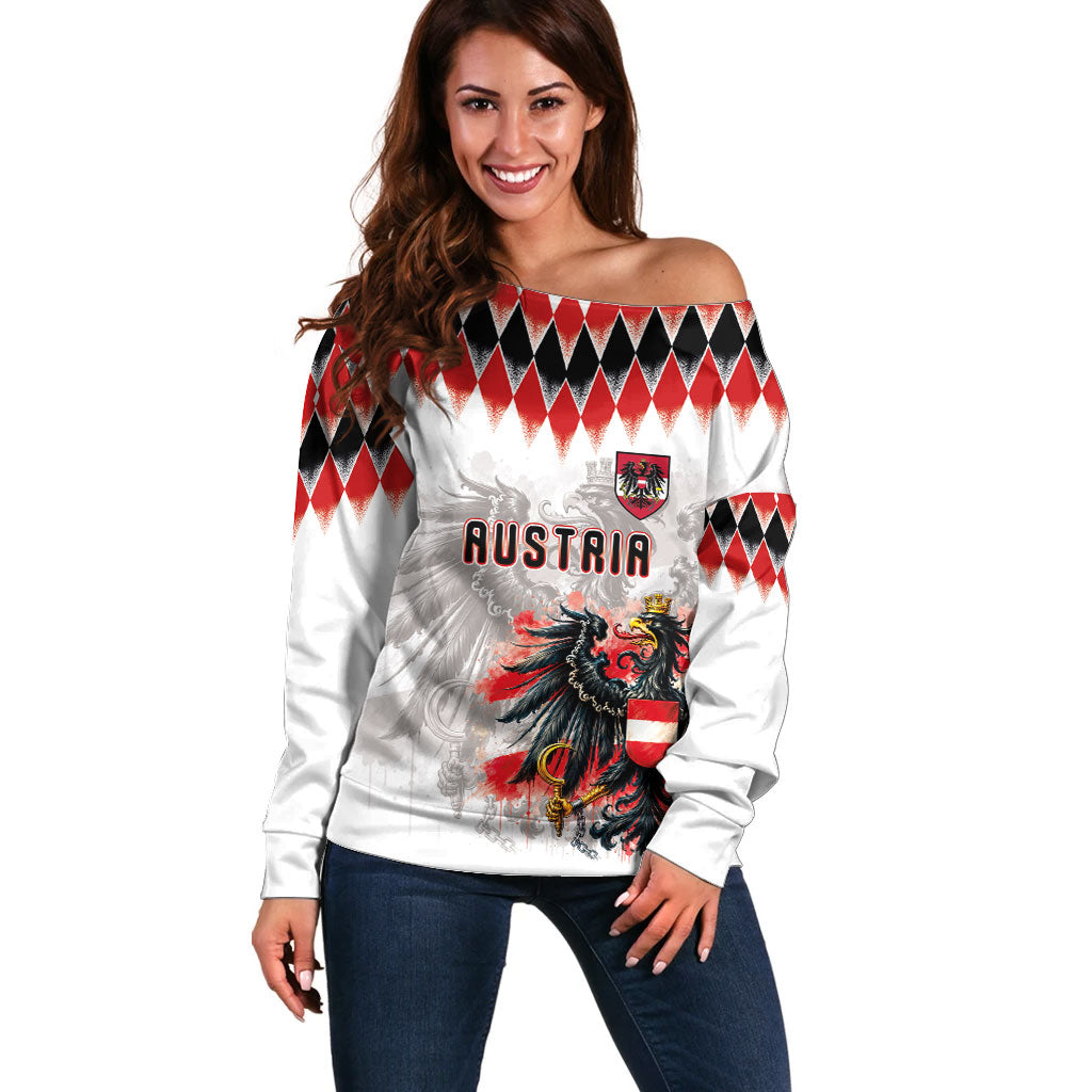 Custom Austria National Football Off Shoulder Sweater Argyle Diamond Pattern with Eagle Watercolor Paint Splash Graphic Art