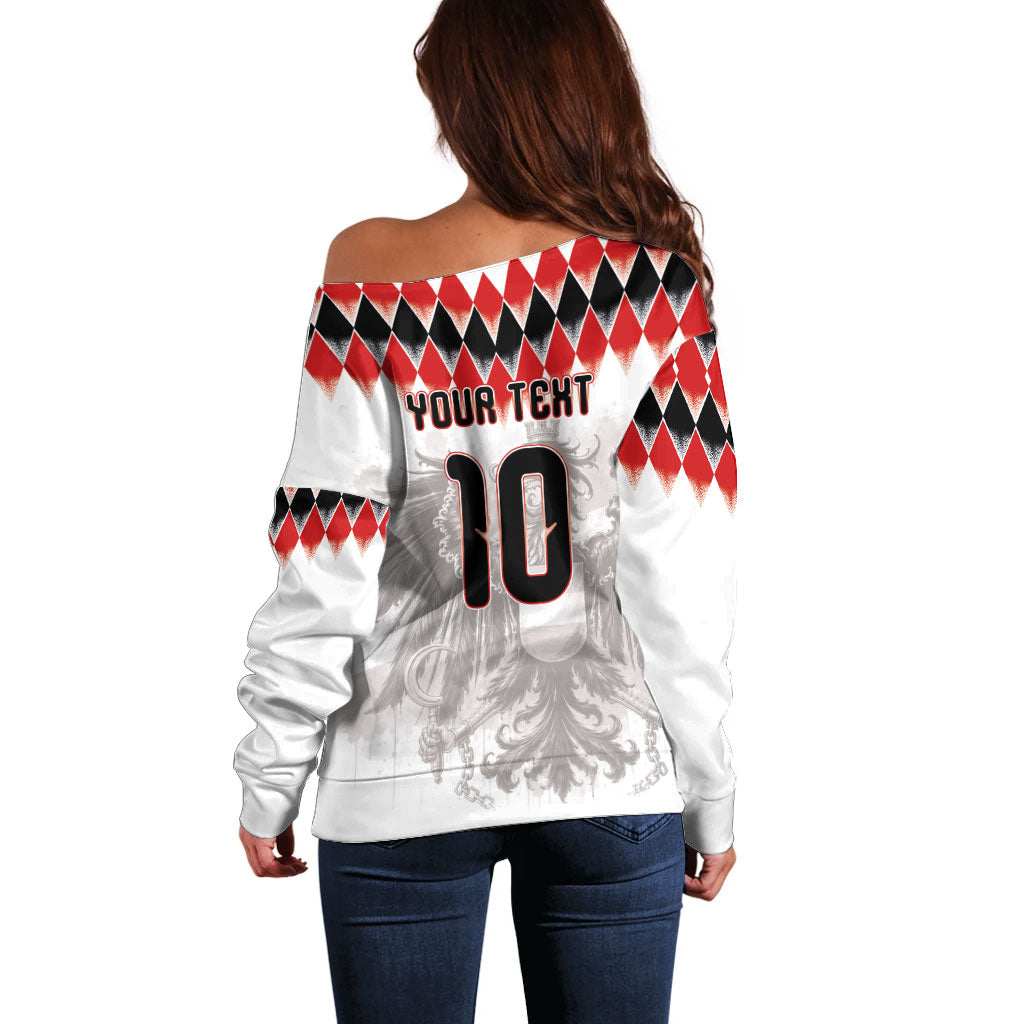 Custom Austria National Football Off Shoulder Sweater Argyle Diamond Pattern with Eagle Watercolor Paint Splash Graphic Art