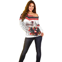 Custom Austria National Football Off Shoulder Sweater Argyle Diamond Pattern with Eagle Watercolor Paint Splash Graphic Art