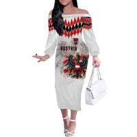Custom Austria National Football Off The Shoulder Long Sleeve Dress Argyle Diamond Pattern with Eagle Watercolor Paint Splash Graphic Art