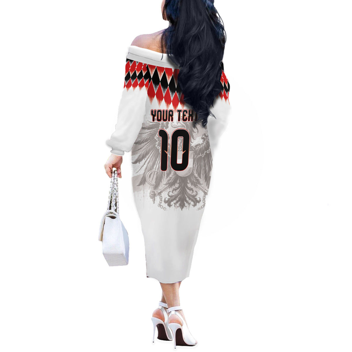 Custom Austria National Football Off The Shoulder Long Sleeve Dress Argyle Diamond Pattern with Eagle Watercolor Paint Splash Graphic Art