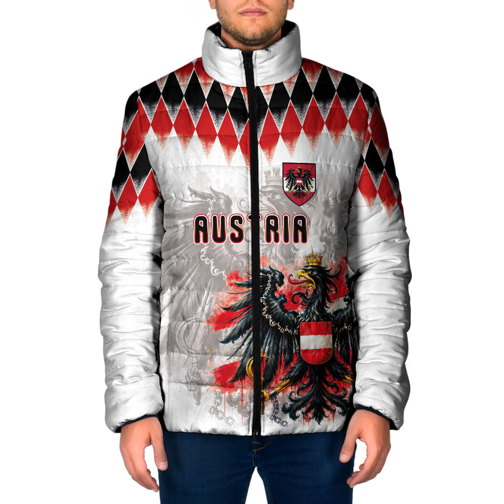 Custom Austria National Football Padded Jacket Argyle Diamond Pattern with Eagle Watercolor Paint Splash Graphic Art