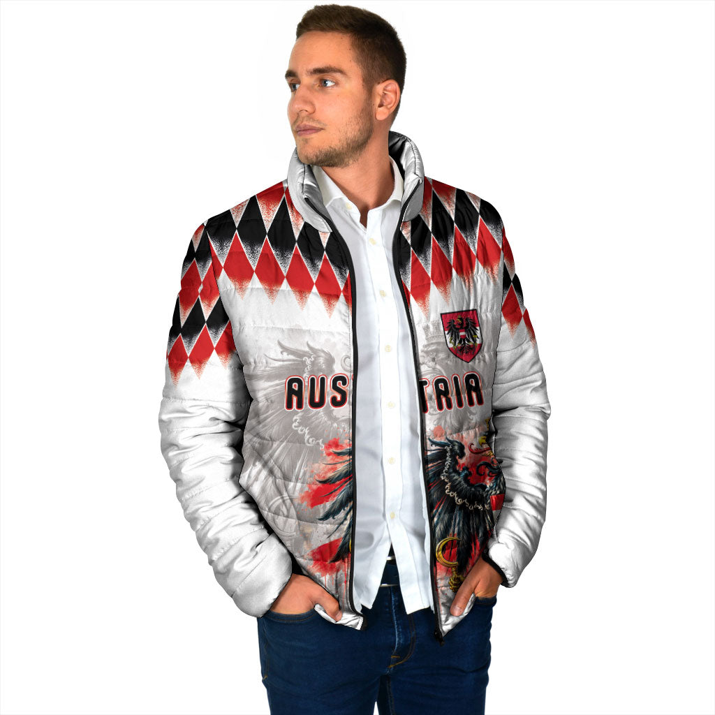 Custom Austria National Football Padded Jacket Argyle Diamond Pattern with Eagle Watercolor Paint Splash Graphic Art