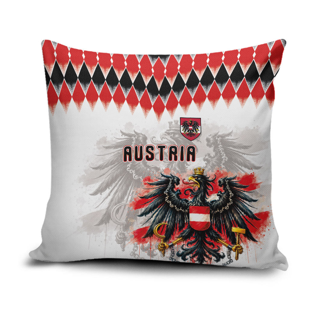Austria National Football Pillow Cover Argyle Diamond Pattern with Eagle Watercolor Paint Splash Graphic Art