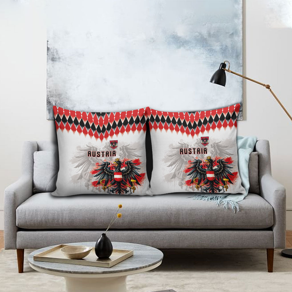 Austria National Football Pillow Cover Argyle Diamond Pattern with Eagle Watercolor Paint Splash Graphic Art