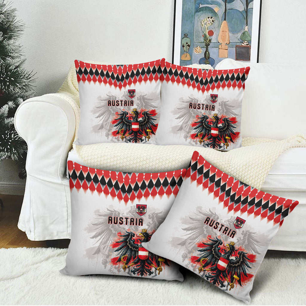 Austria National Football Pillow Cover Argyle Diamond Pattern with Eagle Watercolor Paint Splash Graphic Art