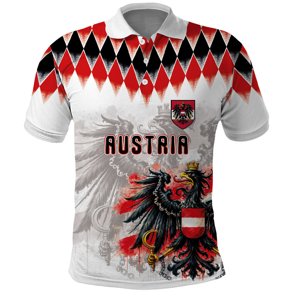 Custom Austria National Football Polo Shirt Argyle Diamond Pattern with Eagle Watercolor Paint Splash Graphic Art