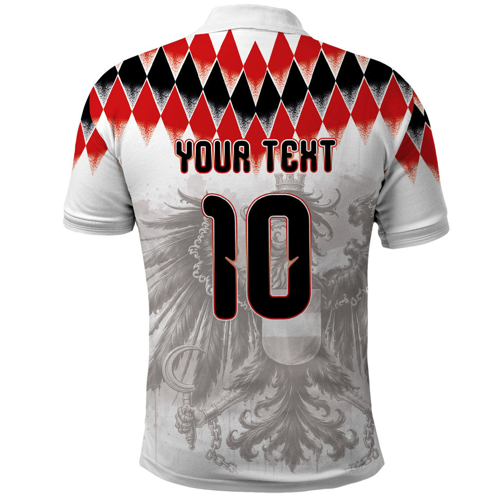 Custom Austria National Football Polo Shirt Argyle Diamond Pattern with Eagle Watercolor Paint Splash Graphic Art