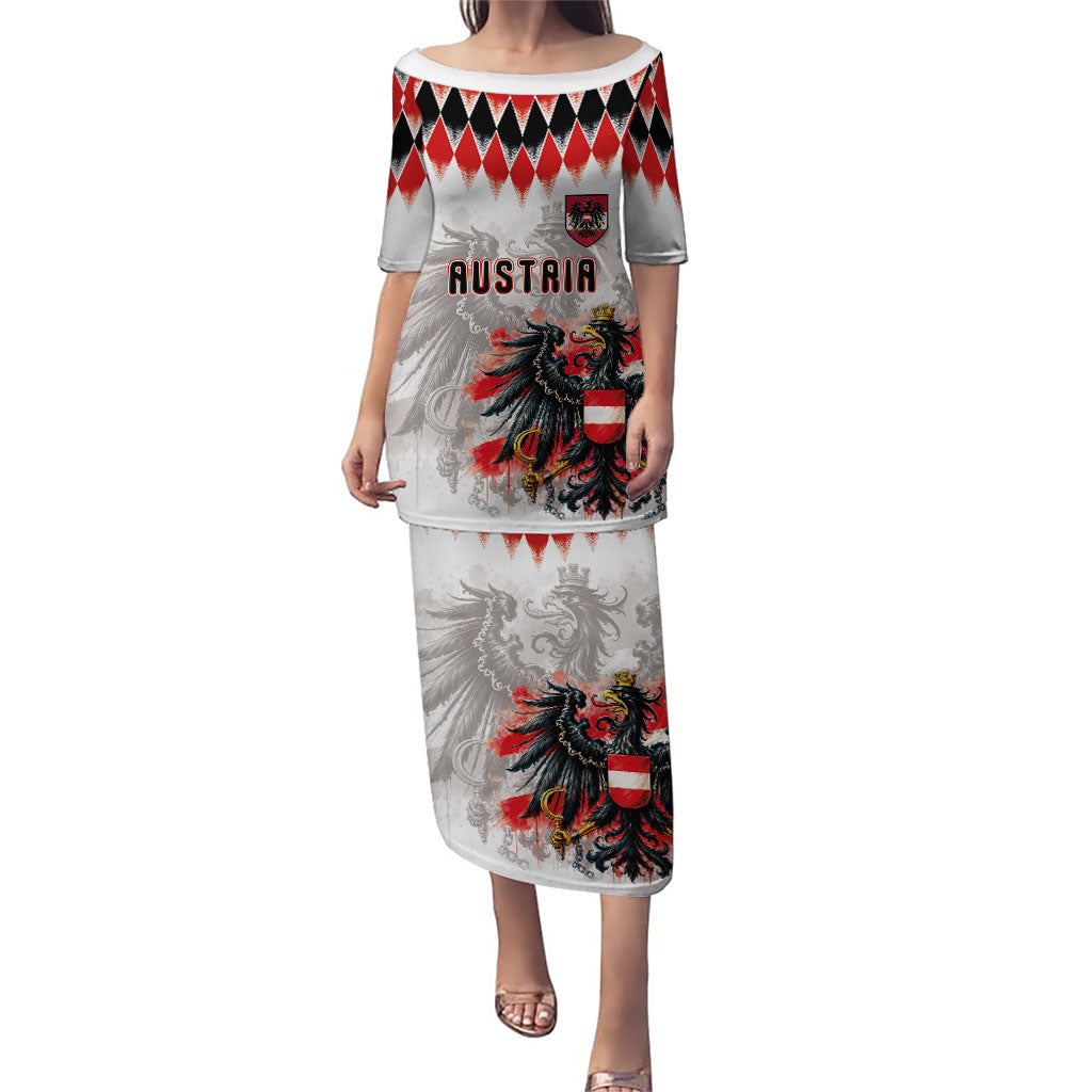 Custom Austria National Football Puletasi Argyle Diamond Pattern with Eagle Watercolor Paint Splash Graphic Art