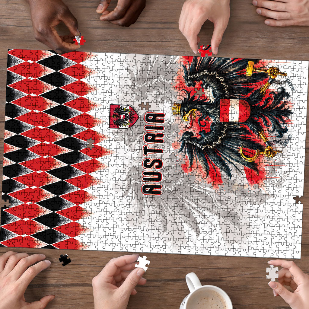 Austria National Football Puzzle Argyle Diamond Pattern with Eagle Watercolor Paint Splash Graphic Art