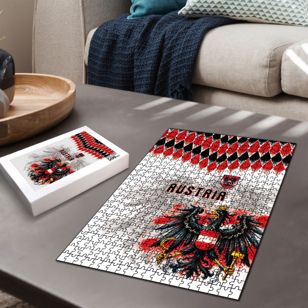Austria National Football Puzzle Argyle Diamond Pattern with Eagle Watercolor Paint Splash Graphic Art