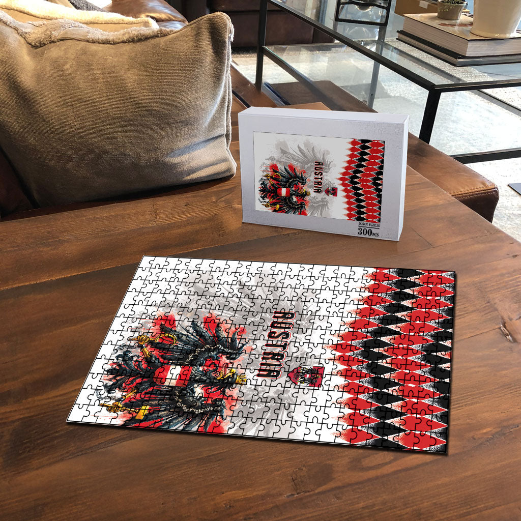 Austria National Football Puzzle Argyle Diamond Pattern with Eagle Watercolor Paint Splash Graphic Art