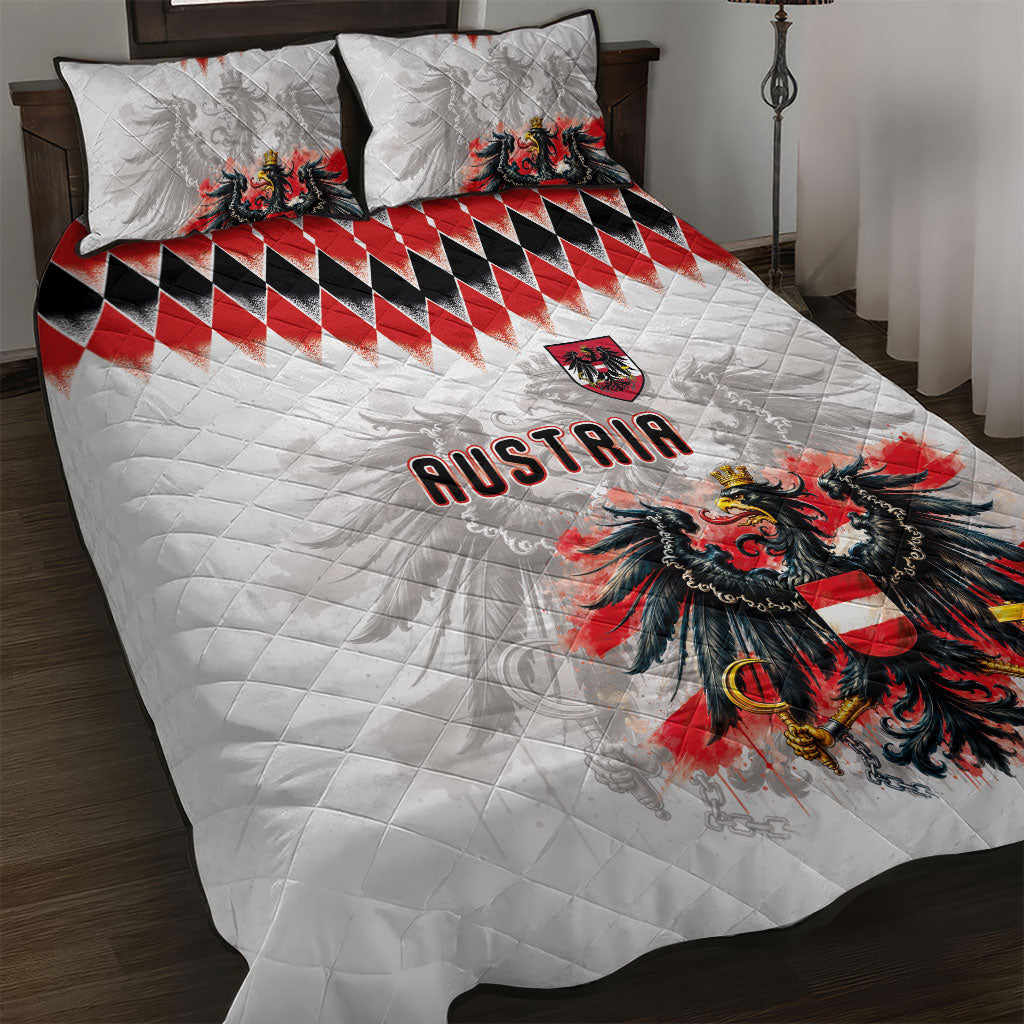 Austria National Football Quilt Bed Set Argyle Diamond Pattern with Eagle Watercolor Paint Splash Graphic Art
