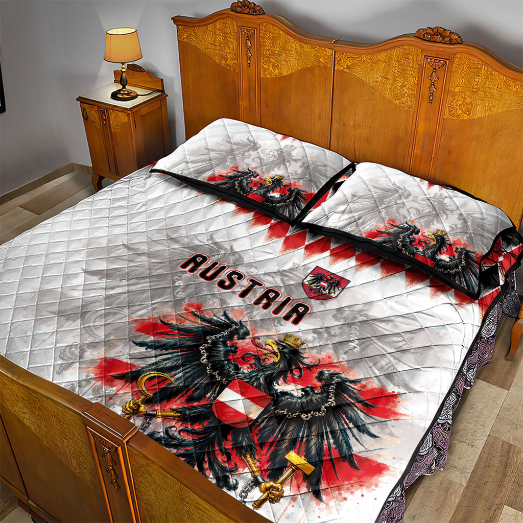 Austria National Football Quilt Bed Set Argyle Diamond Pattern with Eagle Watercolor Paint Splash Graphic Art