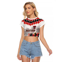 Custom Austria National Football Raglan Cropped T Shirt Argyle Diamond Pattern with Eagle Watercolor Paint Splash Graphic Art