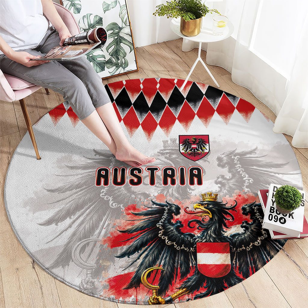 Austria National Football Round Carpet Argyle Diamond Pattern with Eagle Watercolor Paint Splash Graphic Art