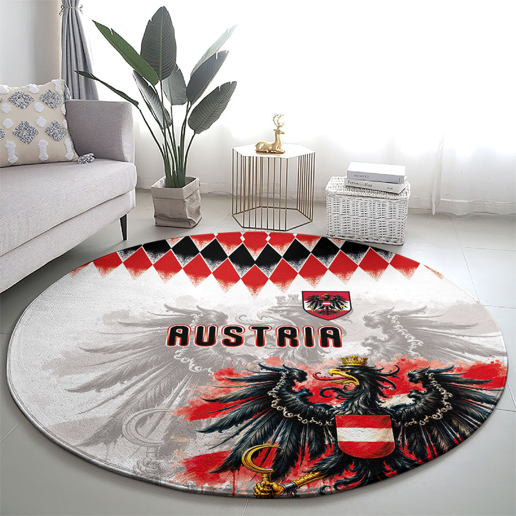 Austria National Football Round Carpet Argyle Diamond Pattern with Eagle Watercolor Paint Splash Graphic Art