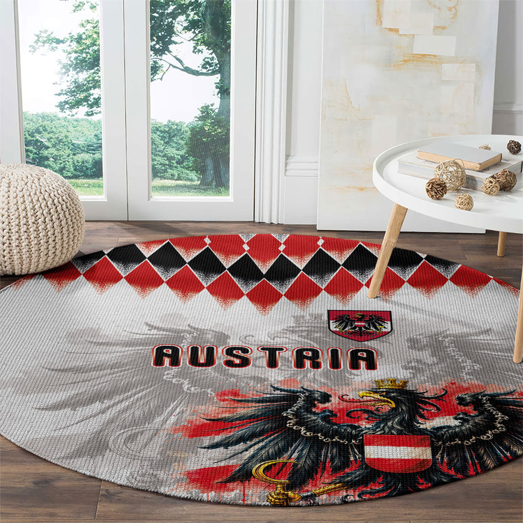 Austria National Football Round Carpet Argyle Diamond Pattern with Eagle Watercolor Paint Splash Graphic Art