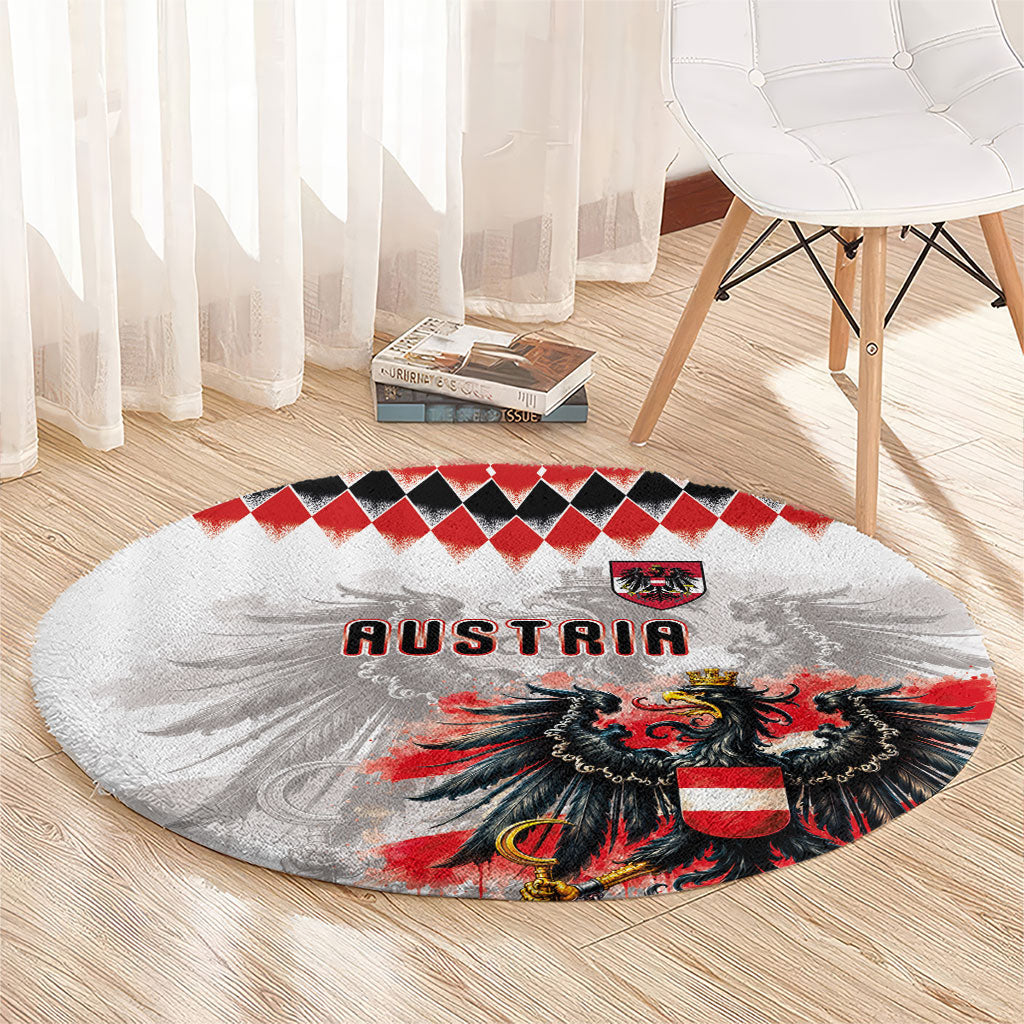 Austria National Football Round Carpet Argyle Diamond Pattern with Eagle Watercolor Paint Splash Graphic Art