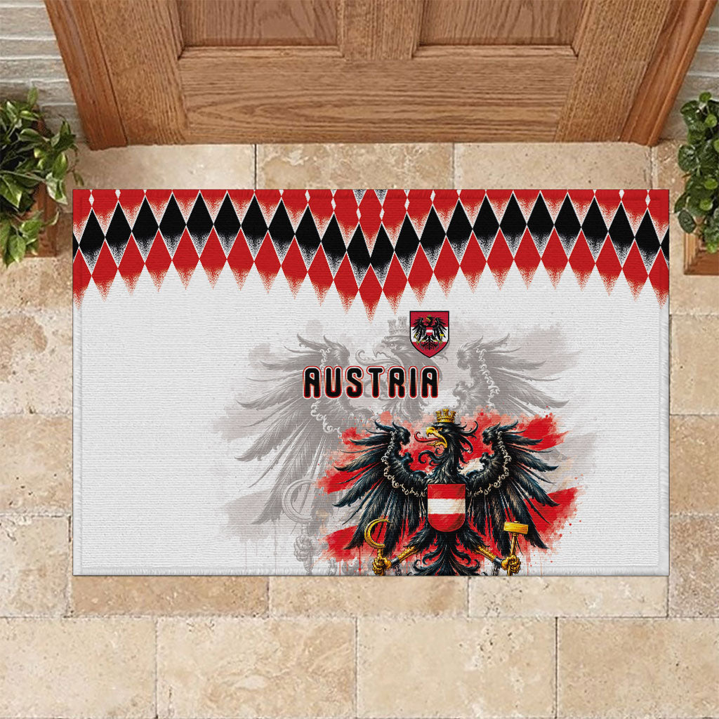 Austria National Football Rubber Doormat Argyle Diamond Pattern with Eagle Watercolor Paint Splash Graphic Art
