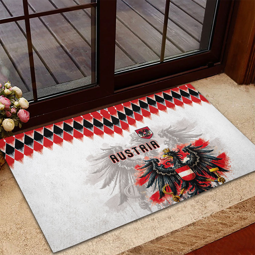 Austria National Football Rubber Doormat Argyle Diamond Pattern with Eagle Watercolor Paint Splash Graphic Art