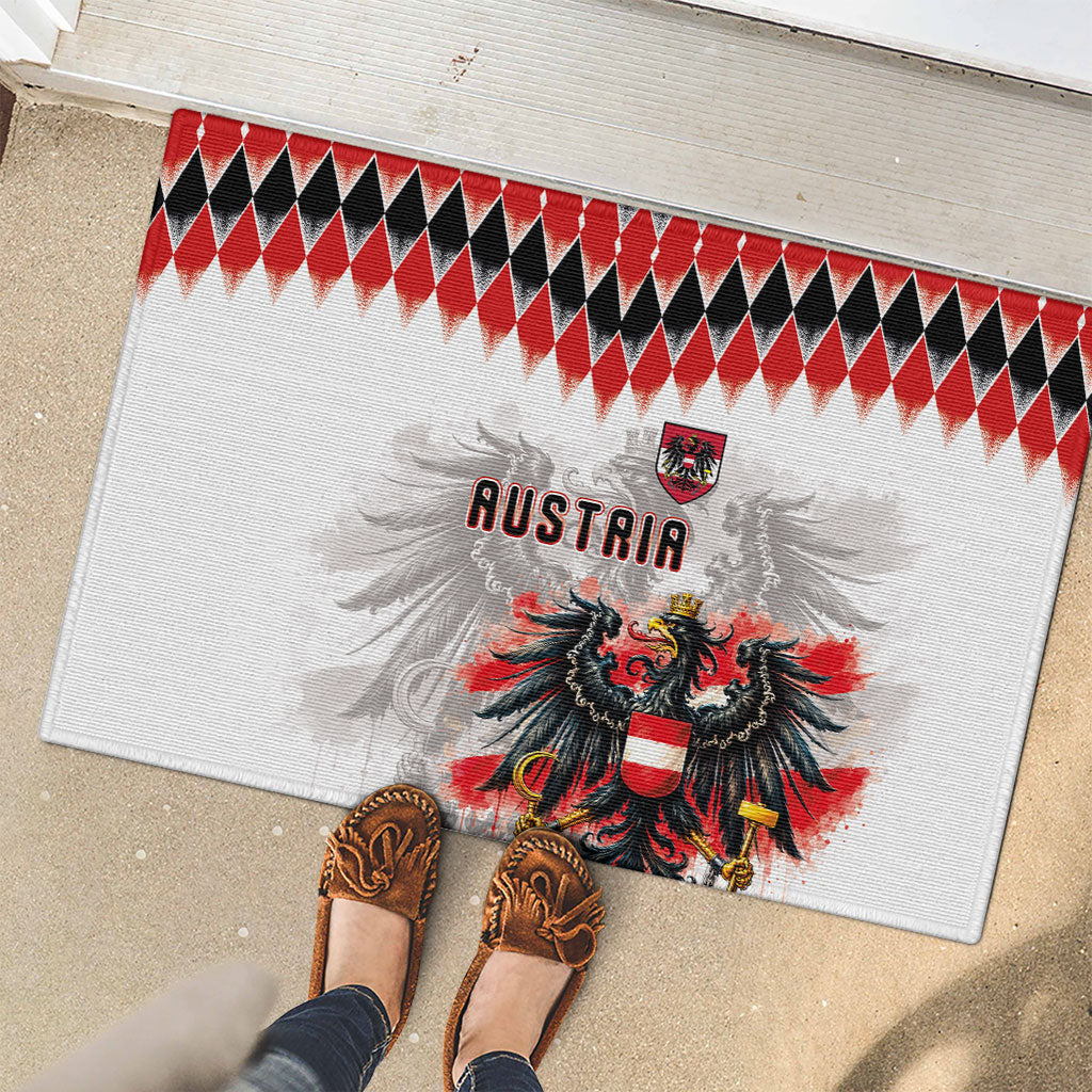 Austria National Football Rubber Doormat Argyle Diamond Pattern with Eagle Watercolor Paint Splash Graphic Art