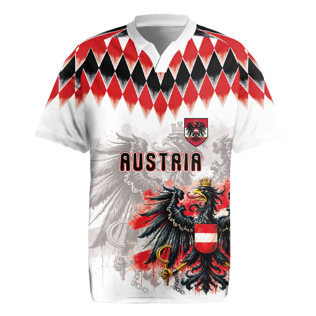 Custom Austria National Football Rugby Jersey Argyle Diamond Pattern with Eagle Watercolor Paint Splash Graphic Art