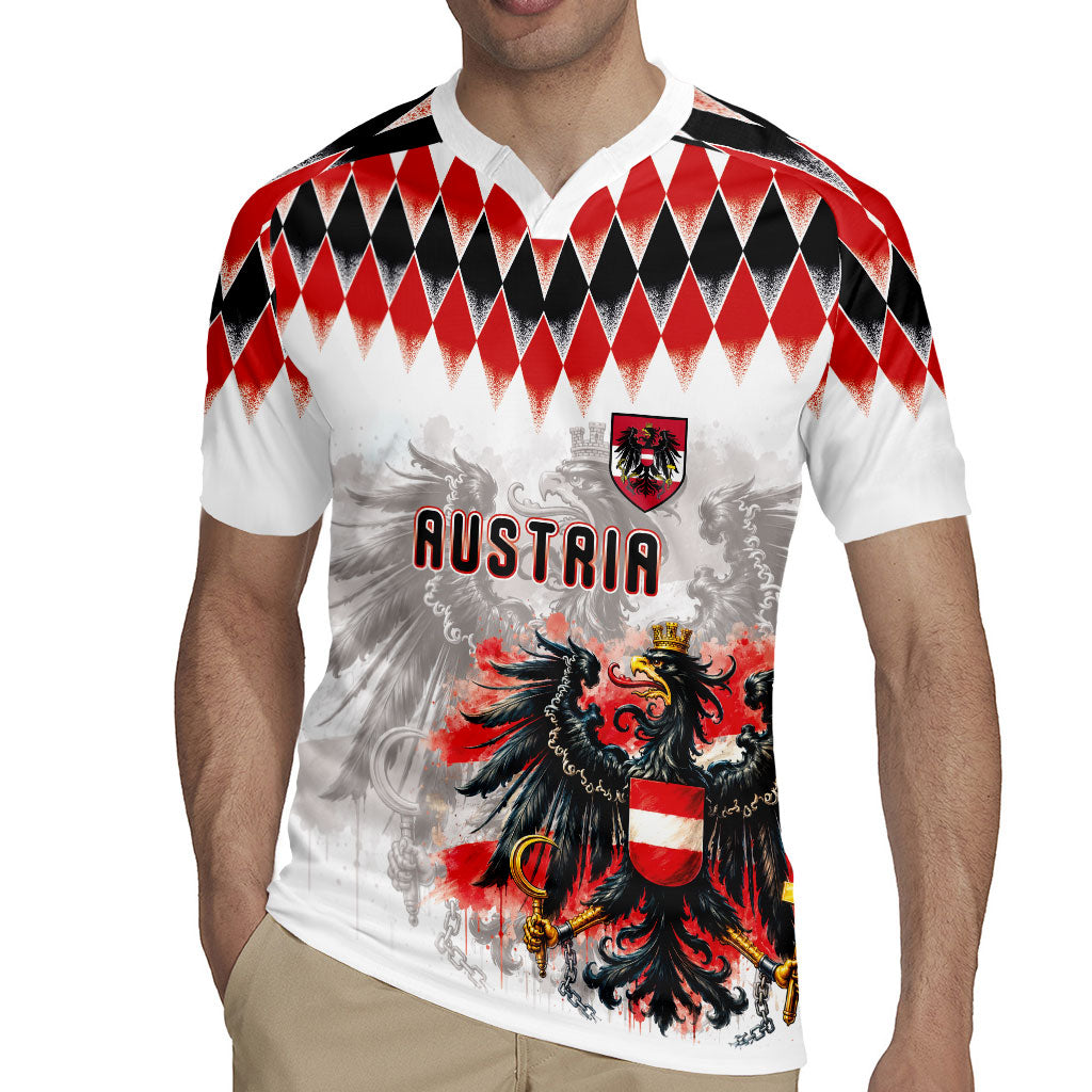 Custom Austria National Football Rugby Jersey Argyle Diamond Pattern with Eagle Watercolor Paint Splash Graphic Art