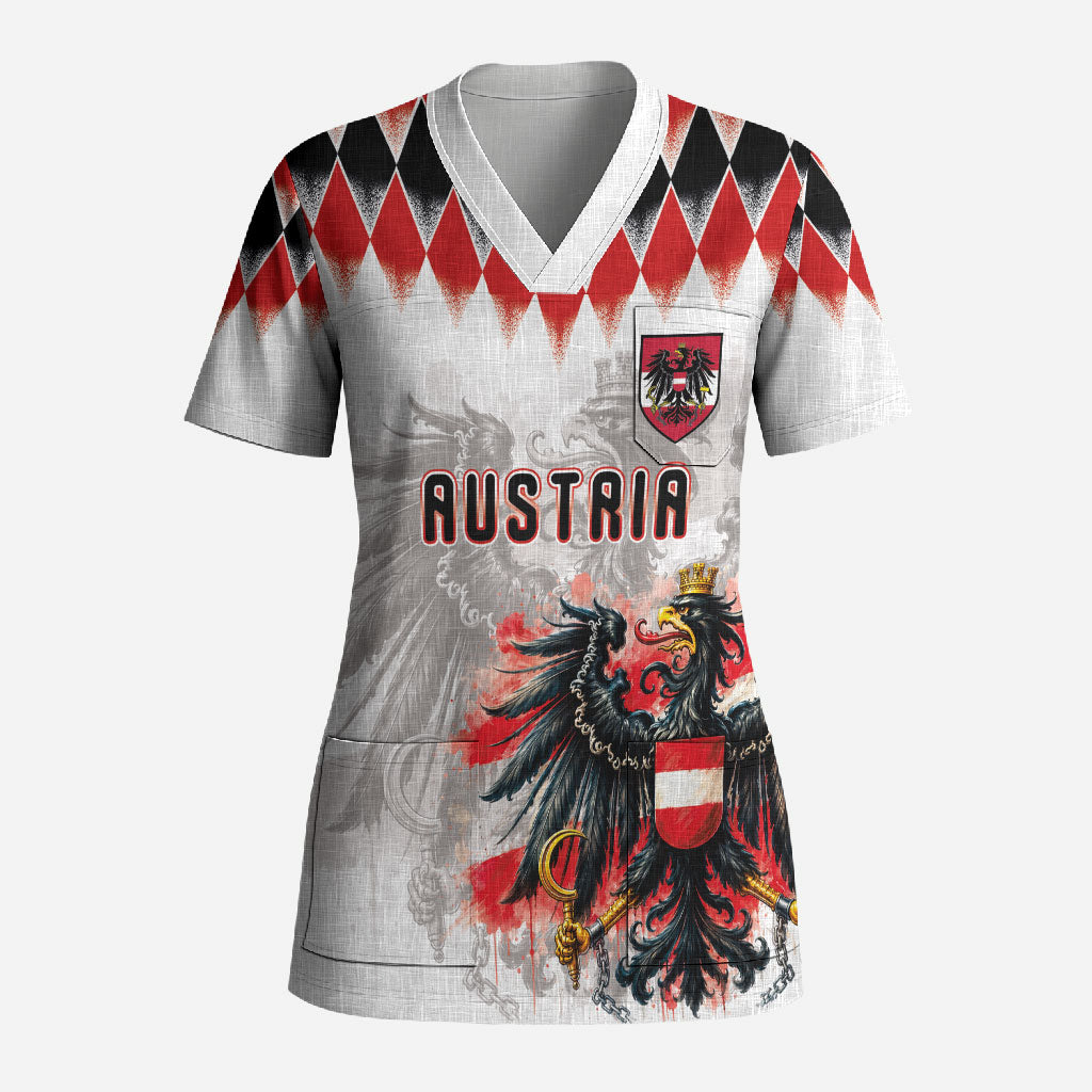 Custom Austria National Football Scrub Top Argyle Diamond Pattern with Eagle Watercolor Paint Splash Graphic Art