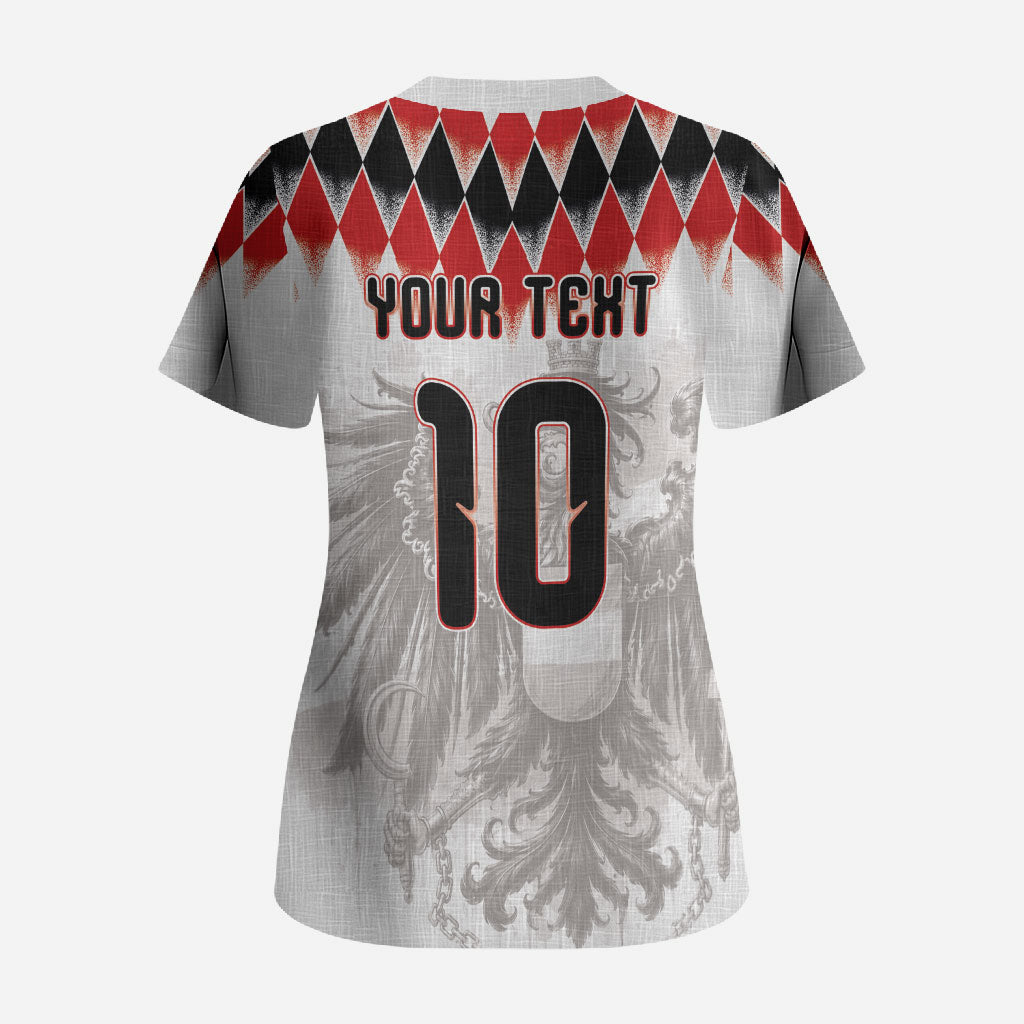 Custom Austria National Football Scrub Top Argyle Diamond Pattern with Eagle Watercolor Paint Splash Graphic Art