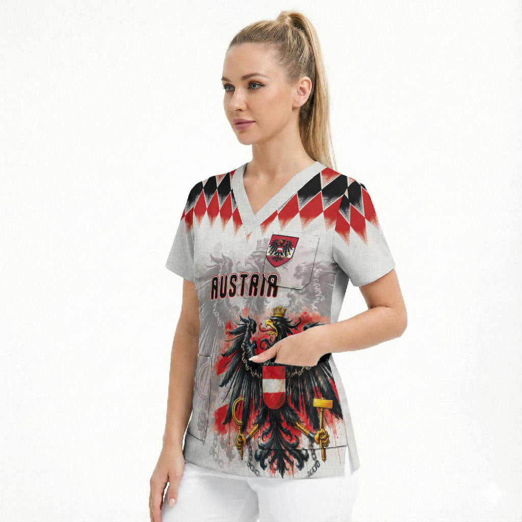 Custom Austria National Football Scrub Top Argyle Diamond Pattern with Eagle Watercolor Paint Splash Graphic Art