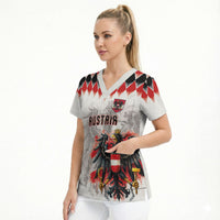 Custom Austria National Football Scrub Top Argyle Diamond Pattern with Eagle Watercolor Paint Splash Graphic Art