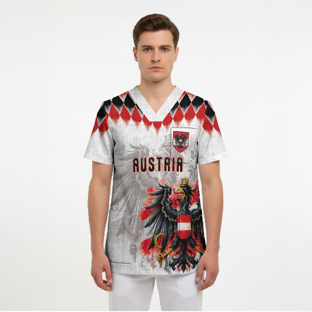 Custom Austria National Football Scrub Top Argyle Diamond Pattern with Eagle Watercolor Paint Splash Graphic Art