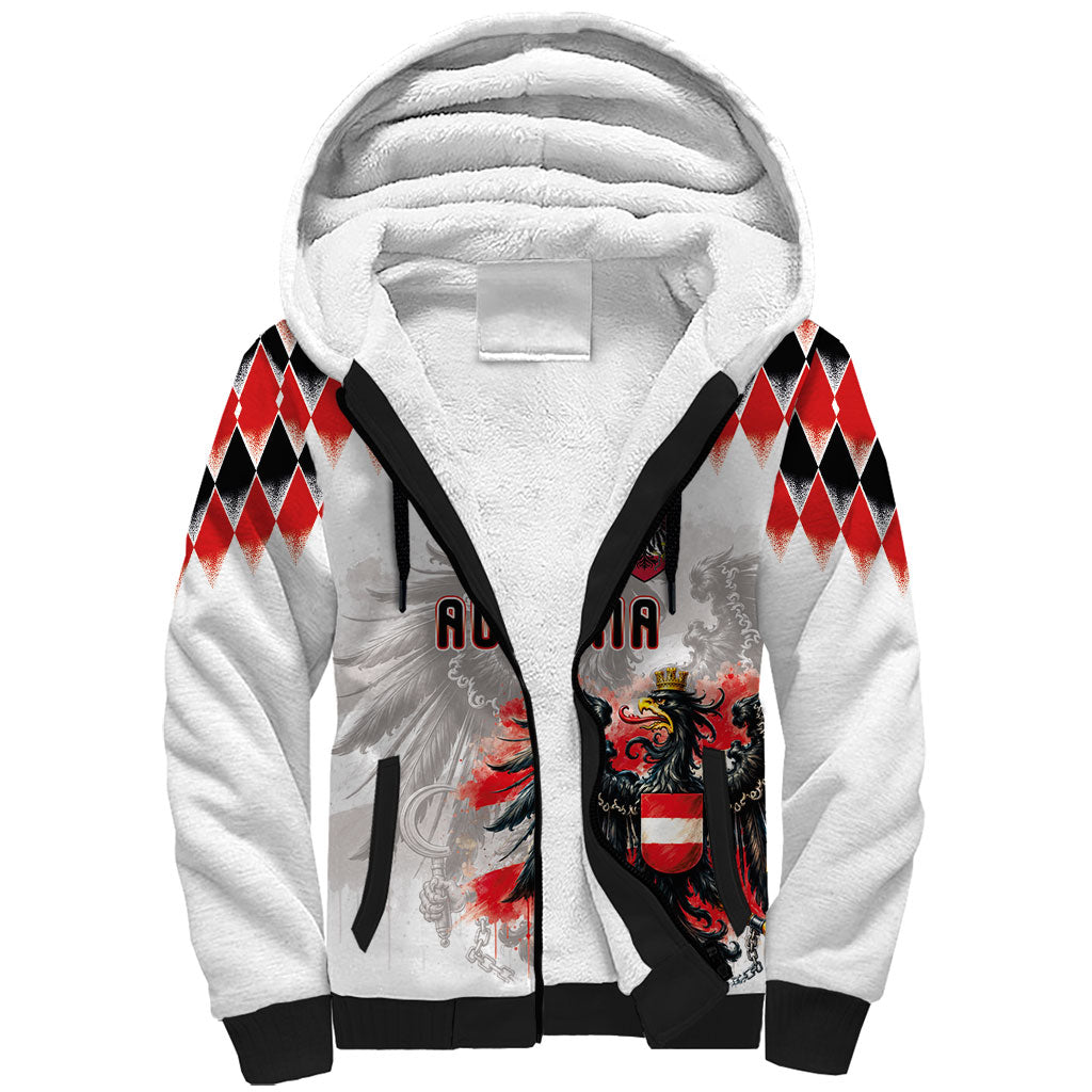 Custom Austria National Football Sherpa Hoodie Argyle Diamond Pattern with Eagle Watercolor Paint Splash Graphic Art