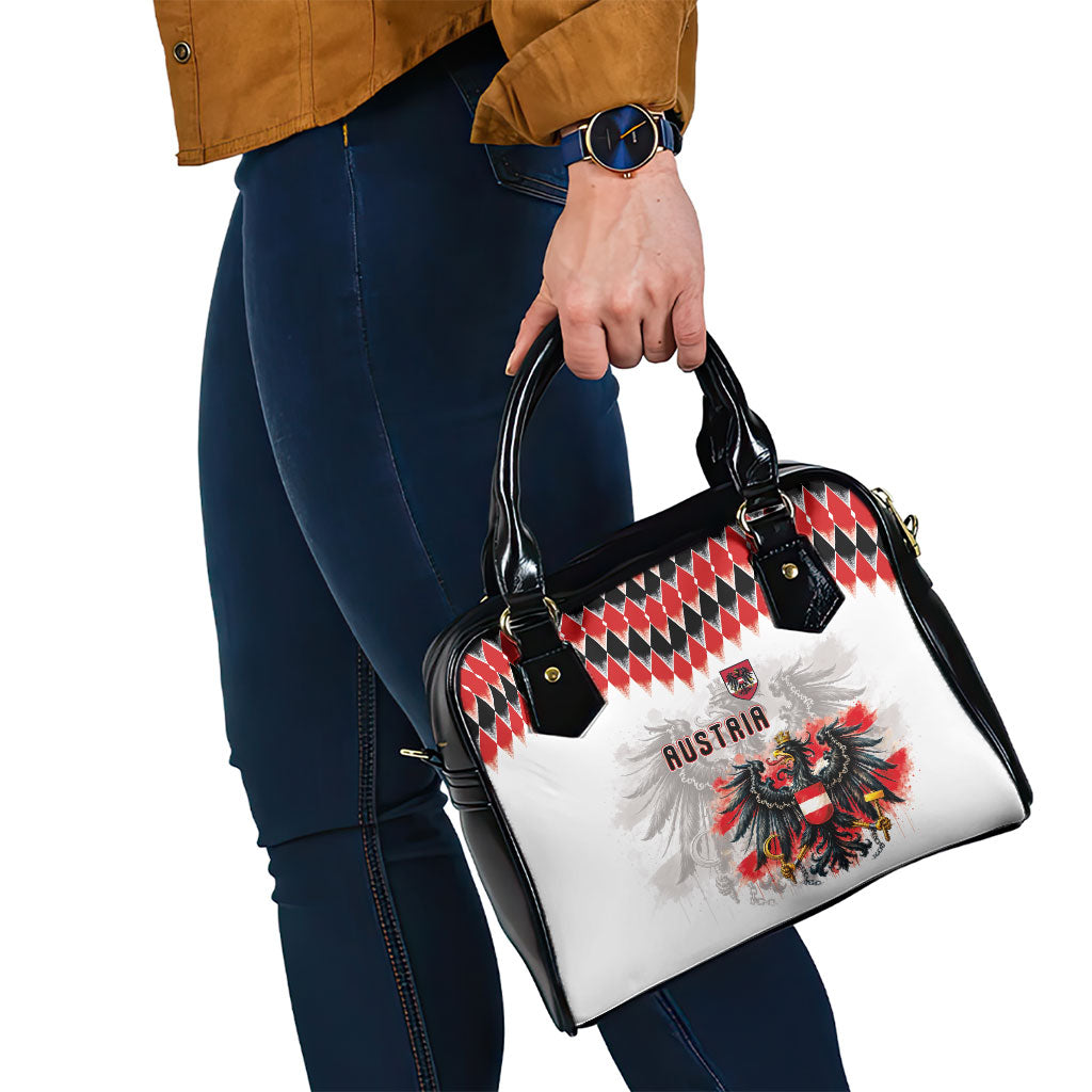 Austria National Football Shoulder Handbag Argyle Diamond Pattern with Eagle Watercolor Paint Splash Graphic Art