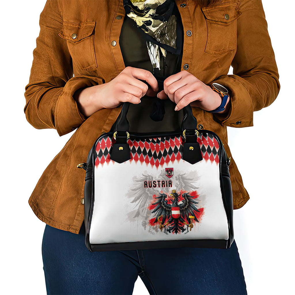 Austria National Football Shoulder Handbag Argyle Diamond Pattern with Eagle Watercolor Paint Splash Graphic Art
