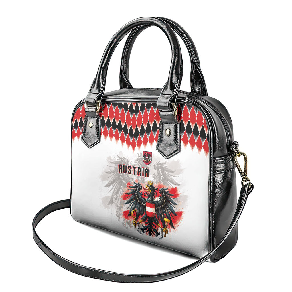 Austria National Football Shoulder Handbag Argyle Diamond Pattern with Eagle Watercolor Paint Splash Graphic Art