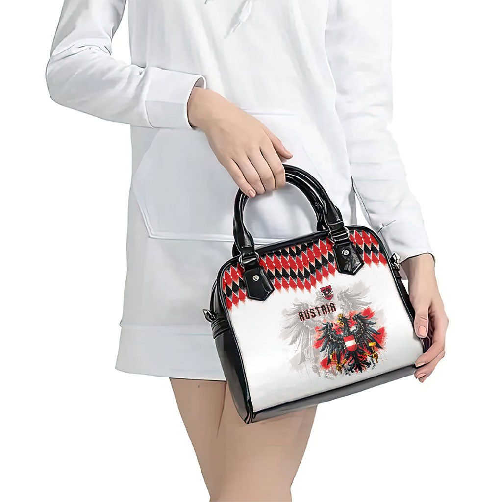 Austria National Football Shoulder Handbag Argyle Diamond Pattern with Eagle Watercolor Paint Splash Graphic Art
