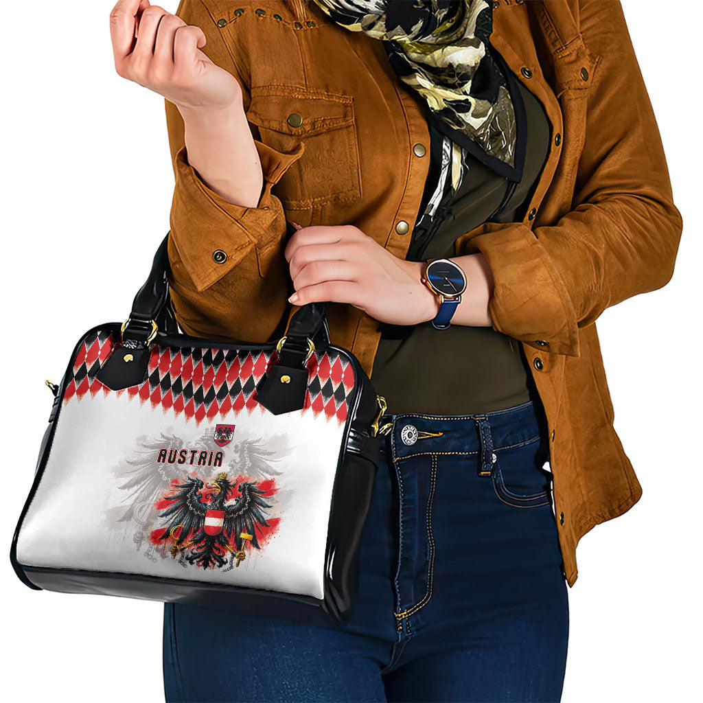 Austria National Football Shoulder Handbag Argyle Diamond Pattern with Eagle Watercolor Paint Splash Graphic Art