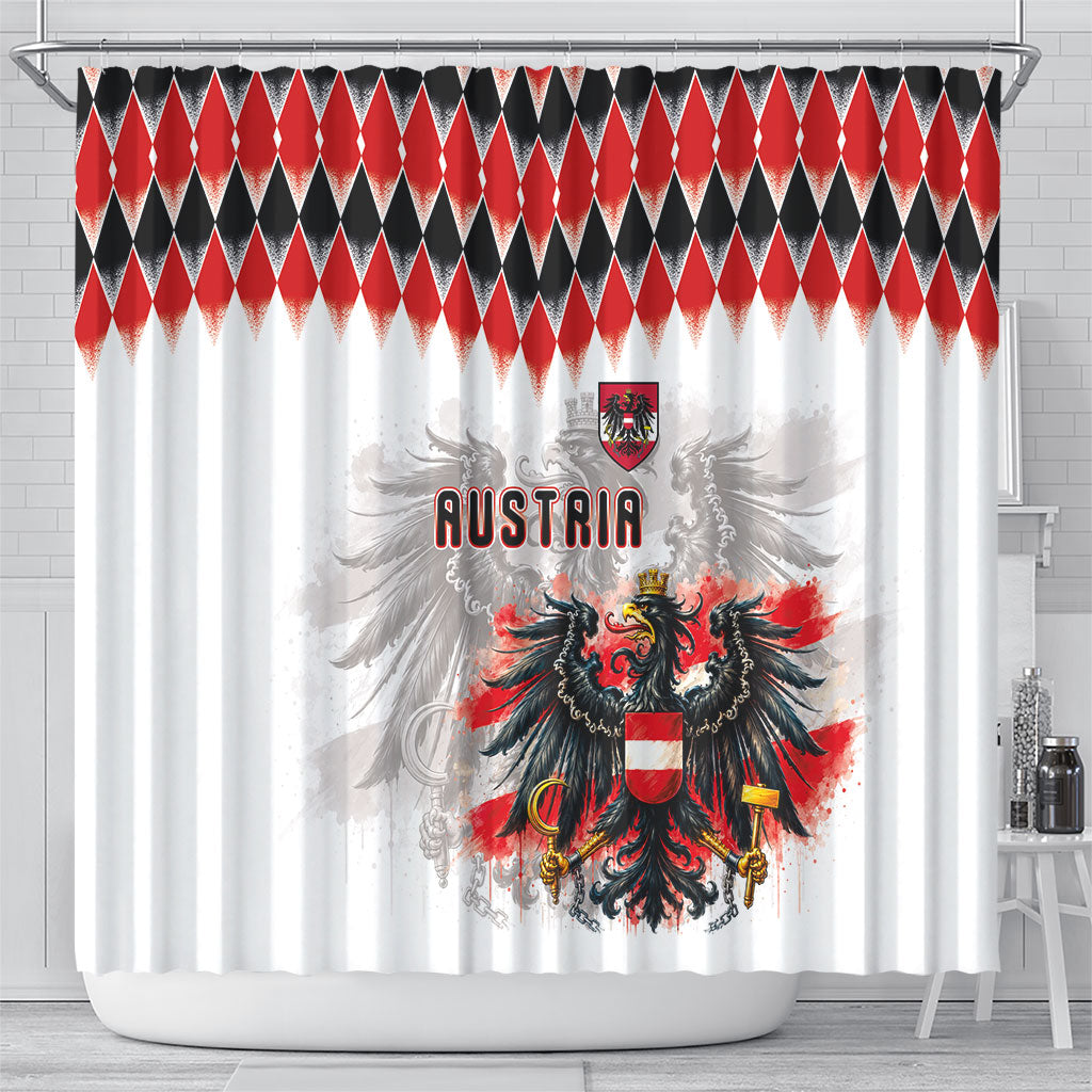 Austria National Football Shower Curtain Argyle Diamond Pattern with Eagle Watercolor Paint Splash Graphic Art