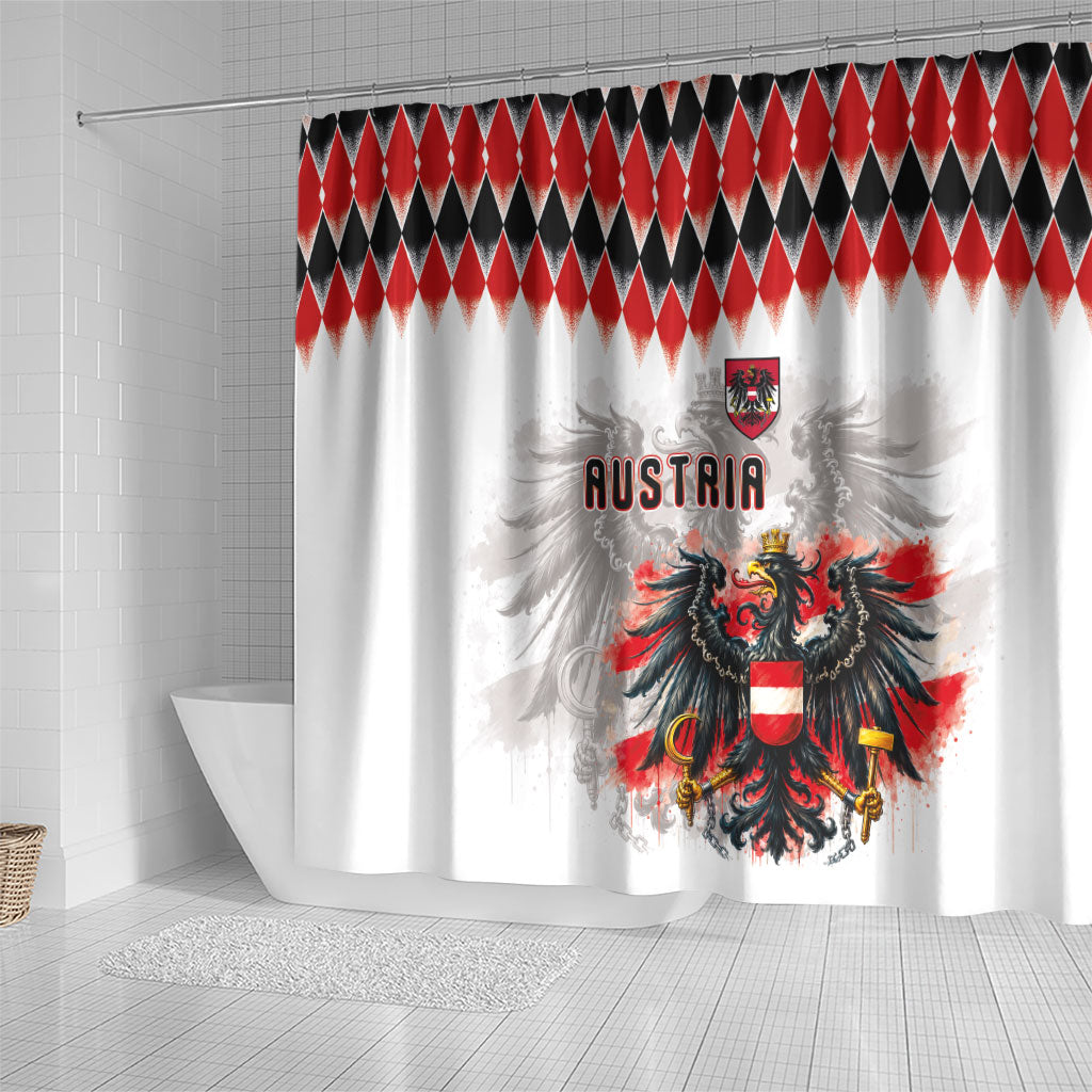 Austria National Football Shower Curtain Argyle Diamond Pattern with Eagle Watercolor Paint Splash Graphic Art