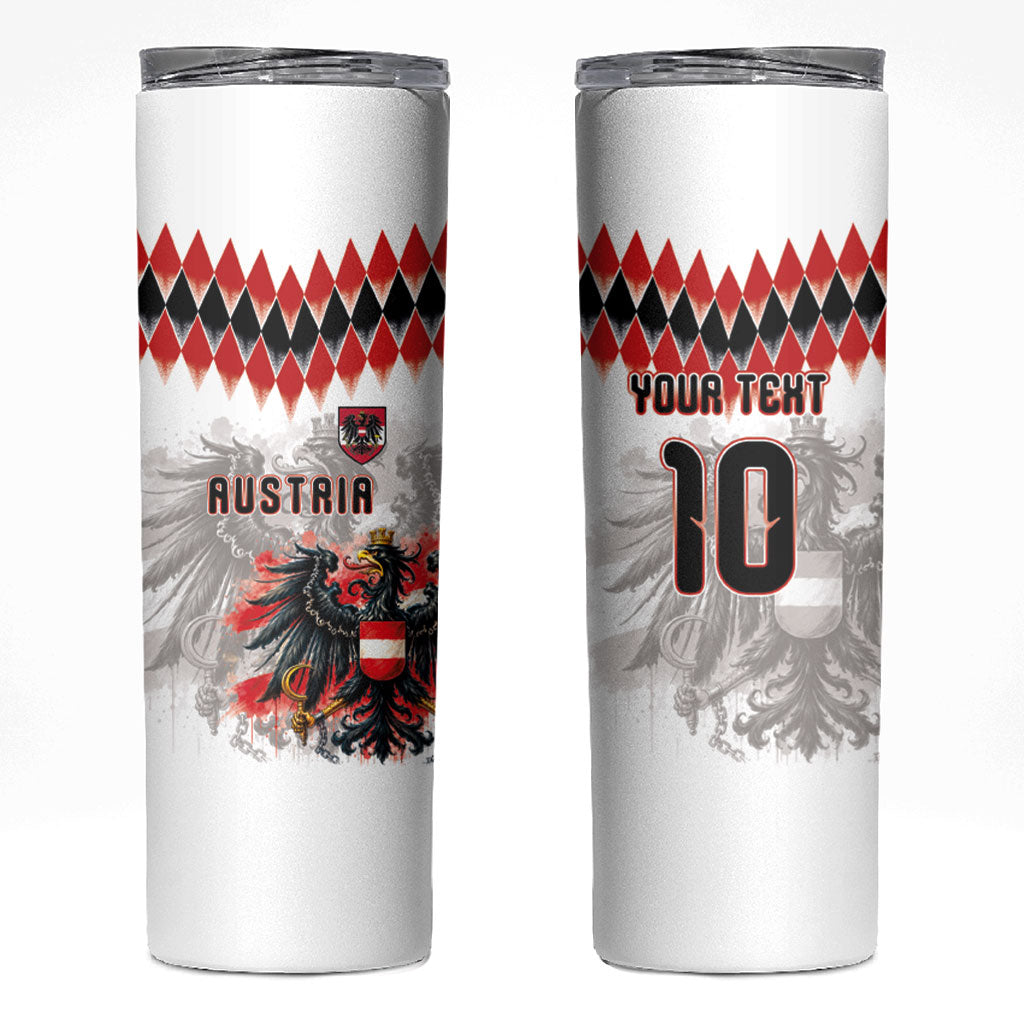 Custom Austria National Football Skinny Tumbler Argyle Diamond Pattern with Eagle Watercolor Paint Splash Graphic Art