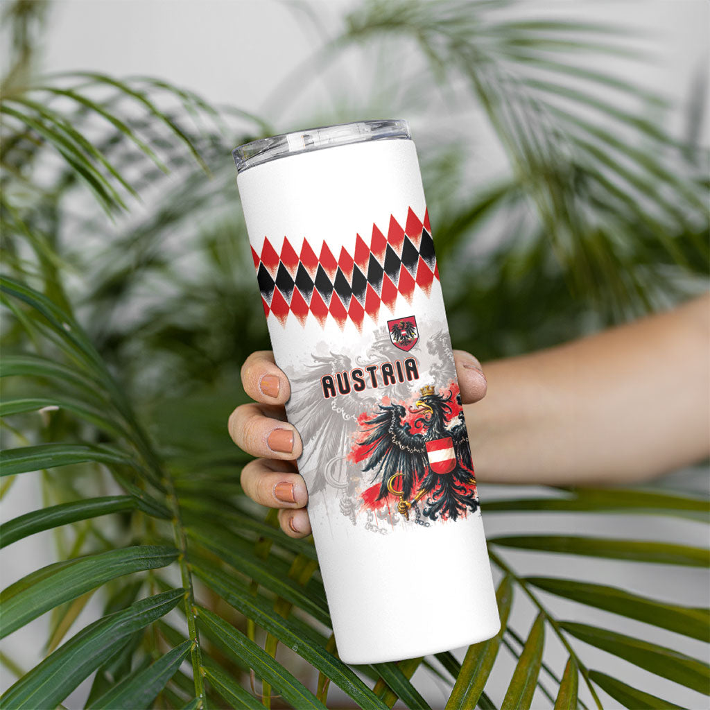 Custom Austria National Football Skinny Tumbler Argyle Diamond Pattern with Eagle Watercolor Paint Splash Graphic Art