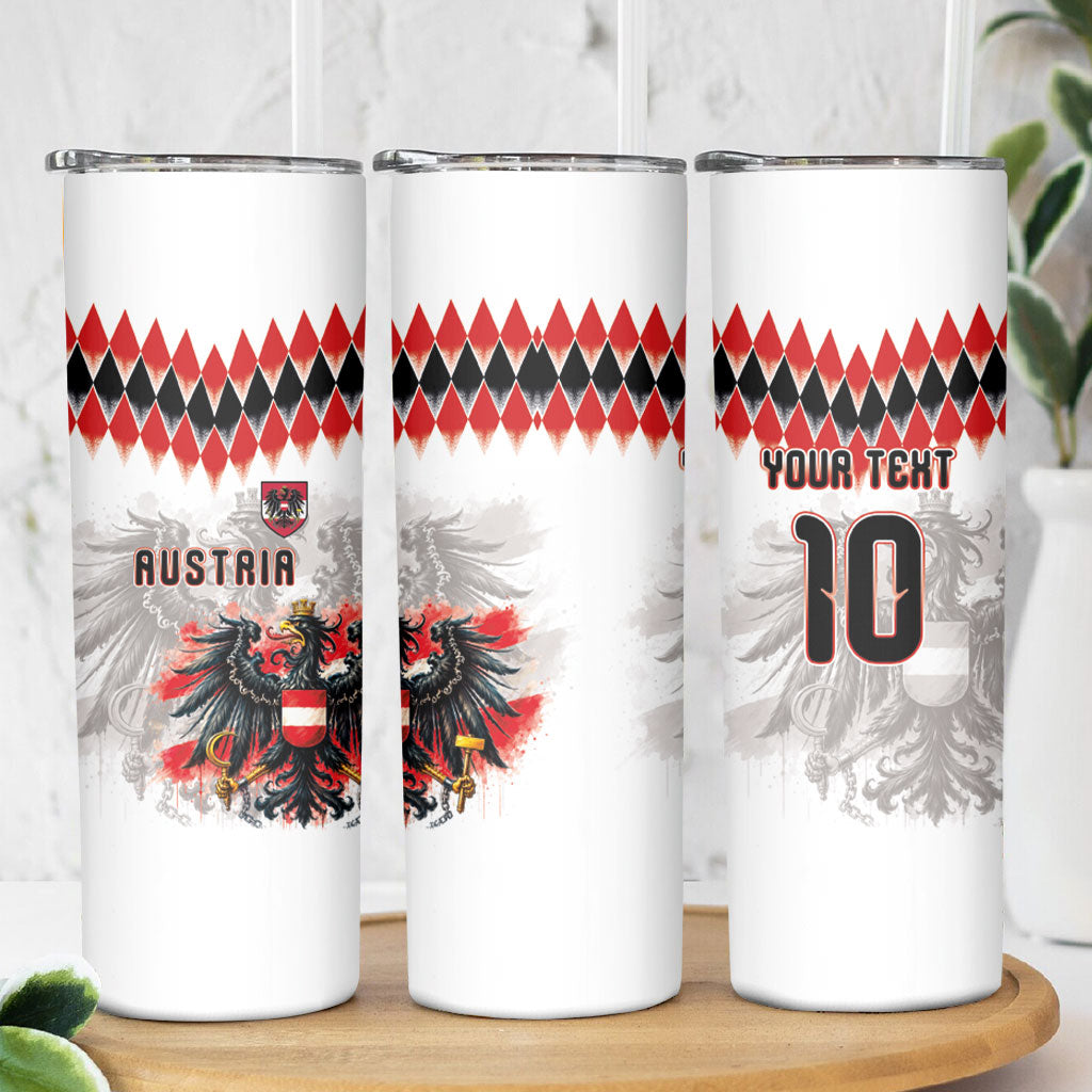 Custom Austria National Football Skinny Tumbler Argyle Diamond Pattern with Eagle Watercolor Paint Splash Graphic Art